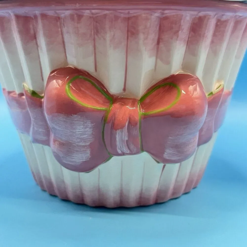 Deb Malewski Next Day Art Cupcake Cookie Jar Pink Bow Ceramic Canister 7”